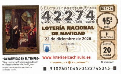 Anverso del d&eacute;cimo 42274 de la Loter&iacute;a de Navidad 2026, de Ourense
